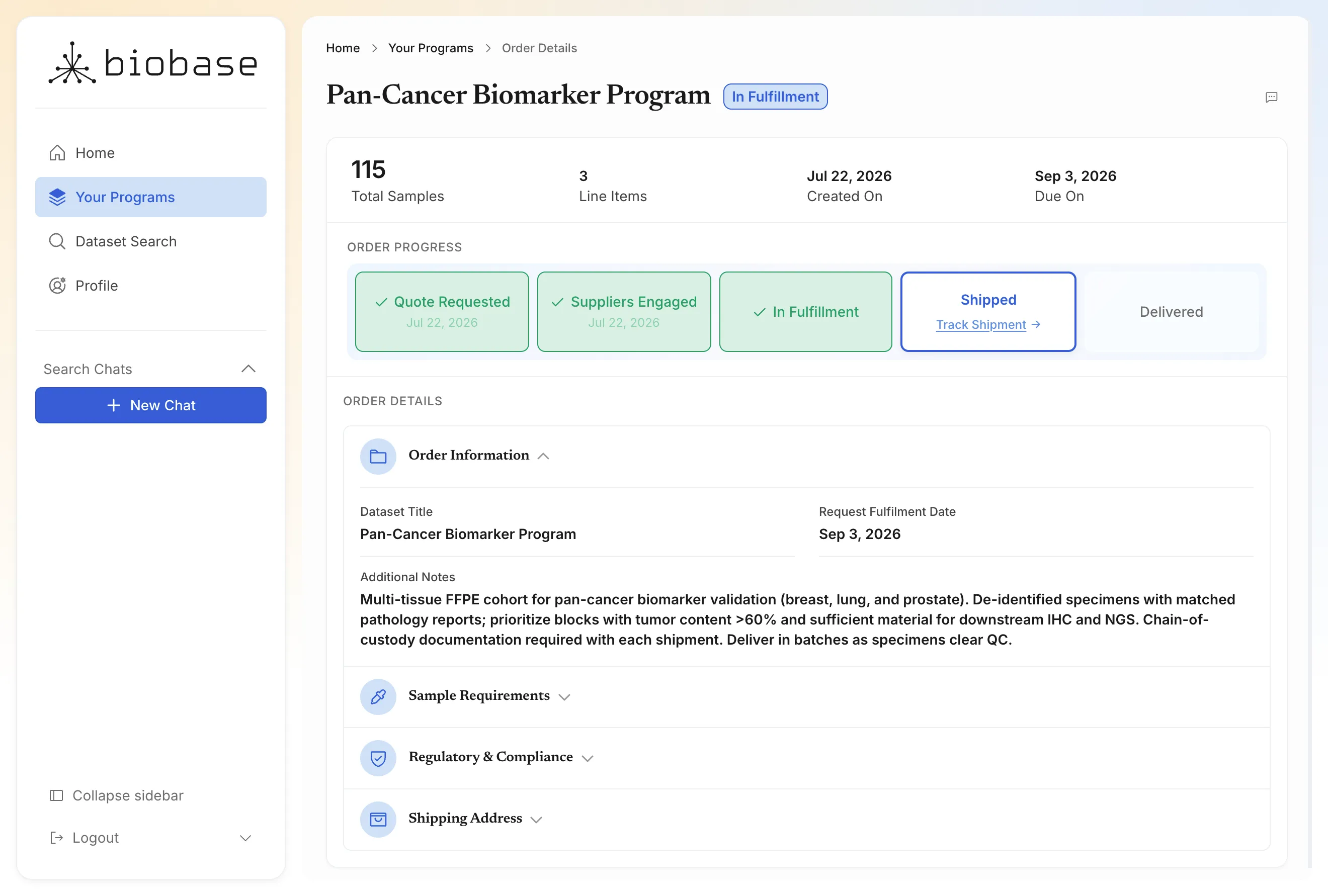 Illustrative research program showing quote, supplier engagement, fulfillment, shipment, and delivery milestones