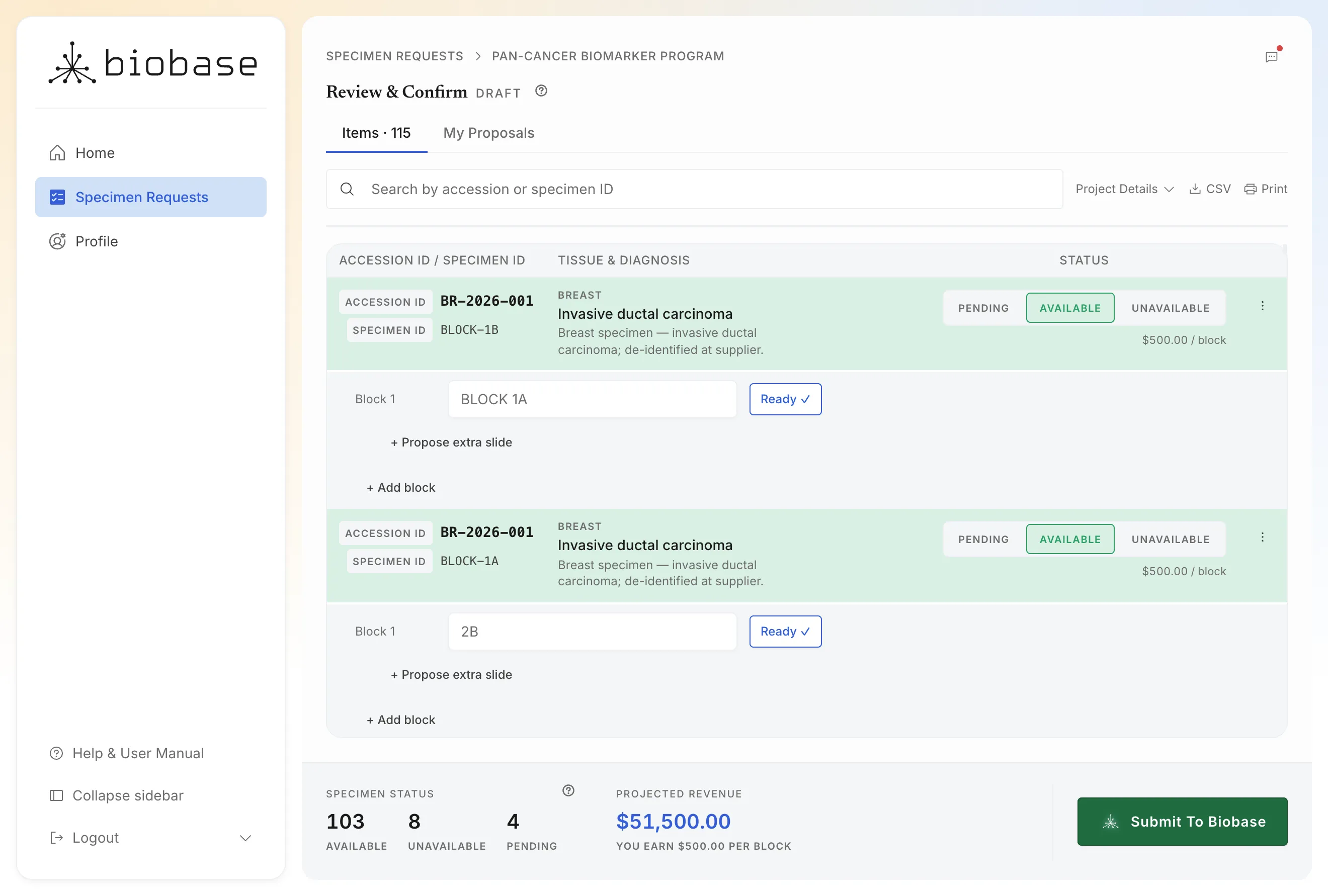 Illustrative supplier view showing specimen availability and proposed revenue before submission